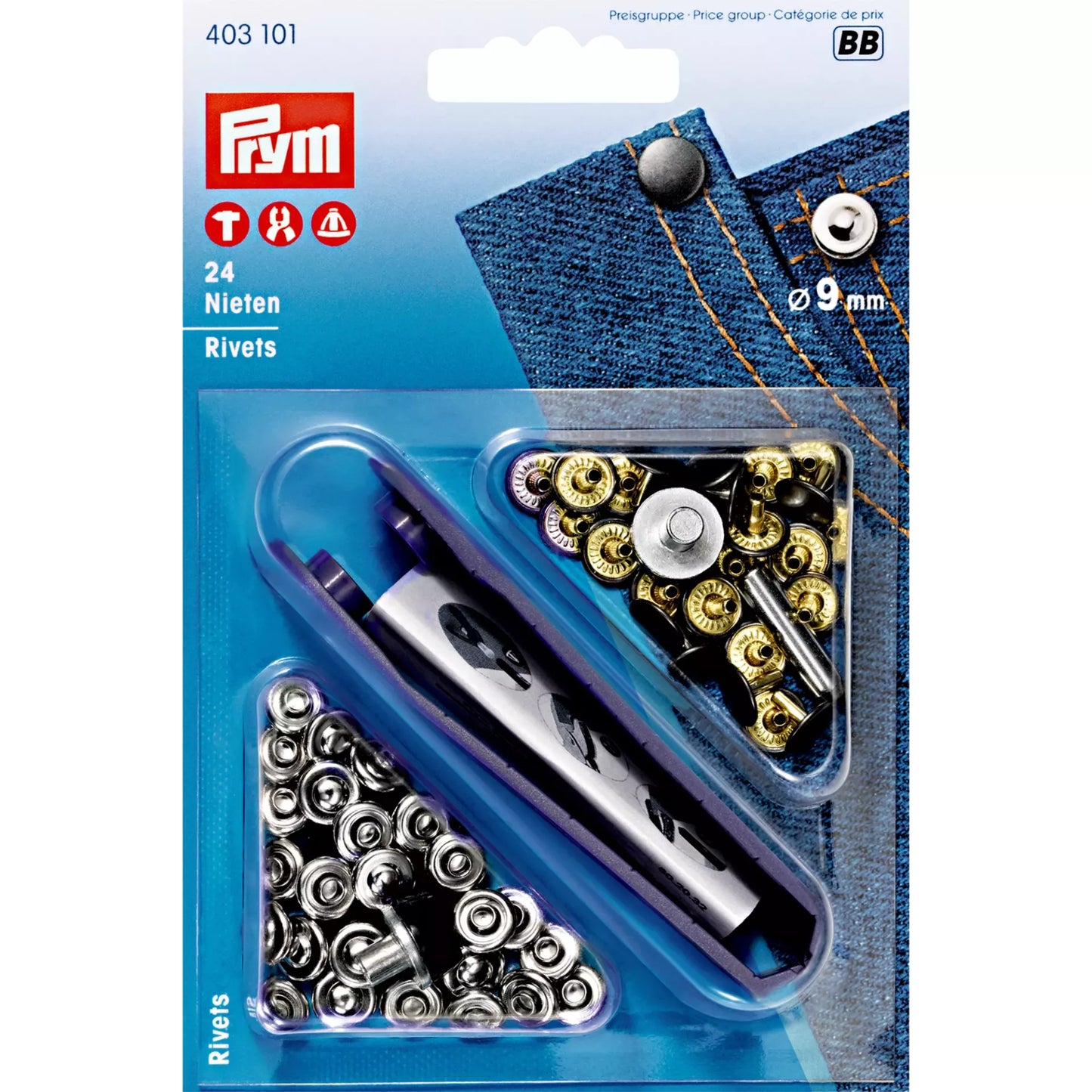 Rivets brass 9 mm silver col/antique steel