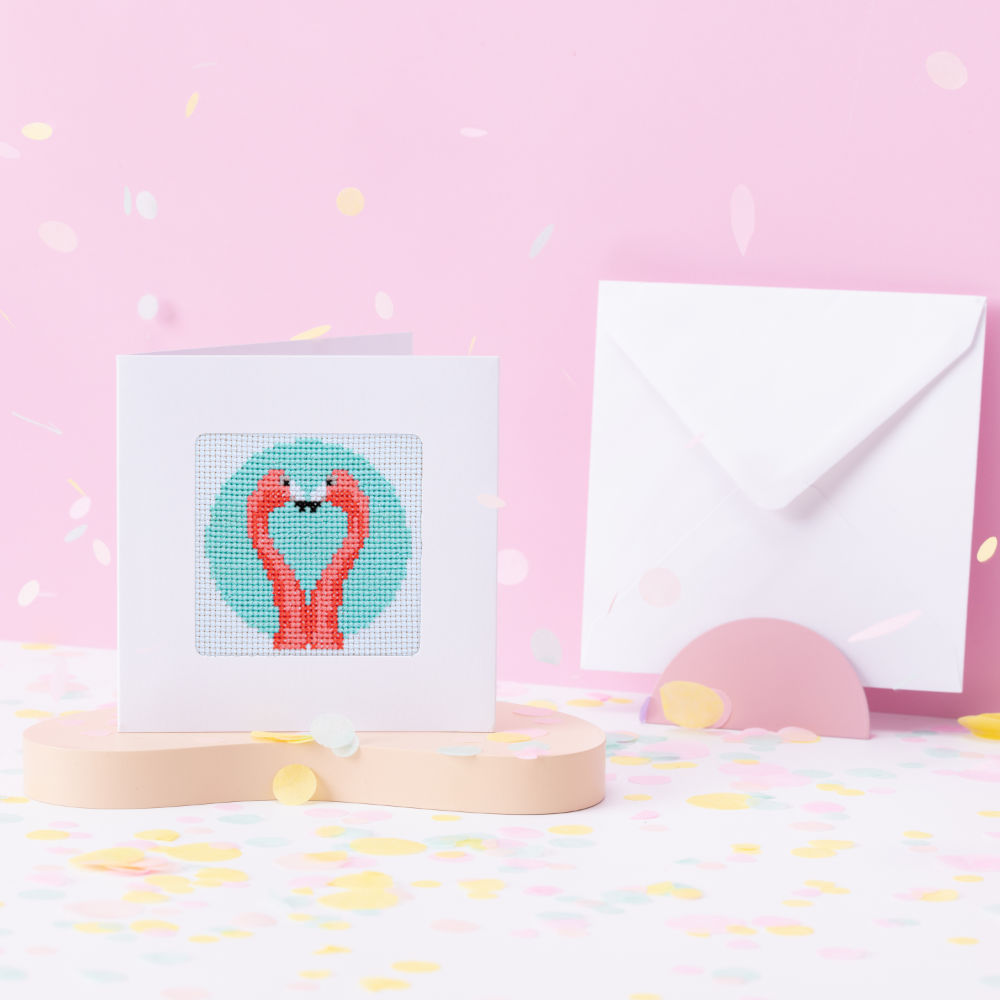 Flamingo Heart Cross Stitch Kit with Card and Envelope