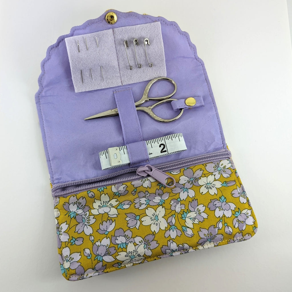 Liberty Sewing Roll – Floral Joy Mustard and purple