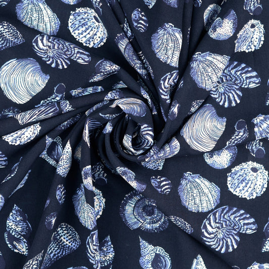 Shells on Navy Rayon Print – Mistral by Modelo Fabrics