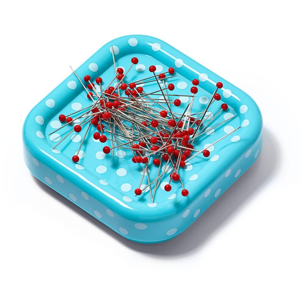 Mint magnetic pincushion with glass-headed pins