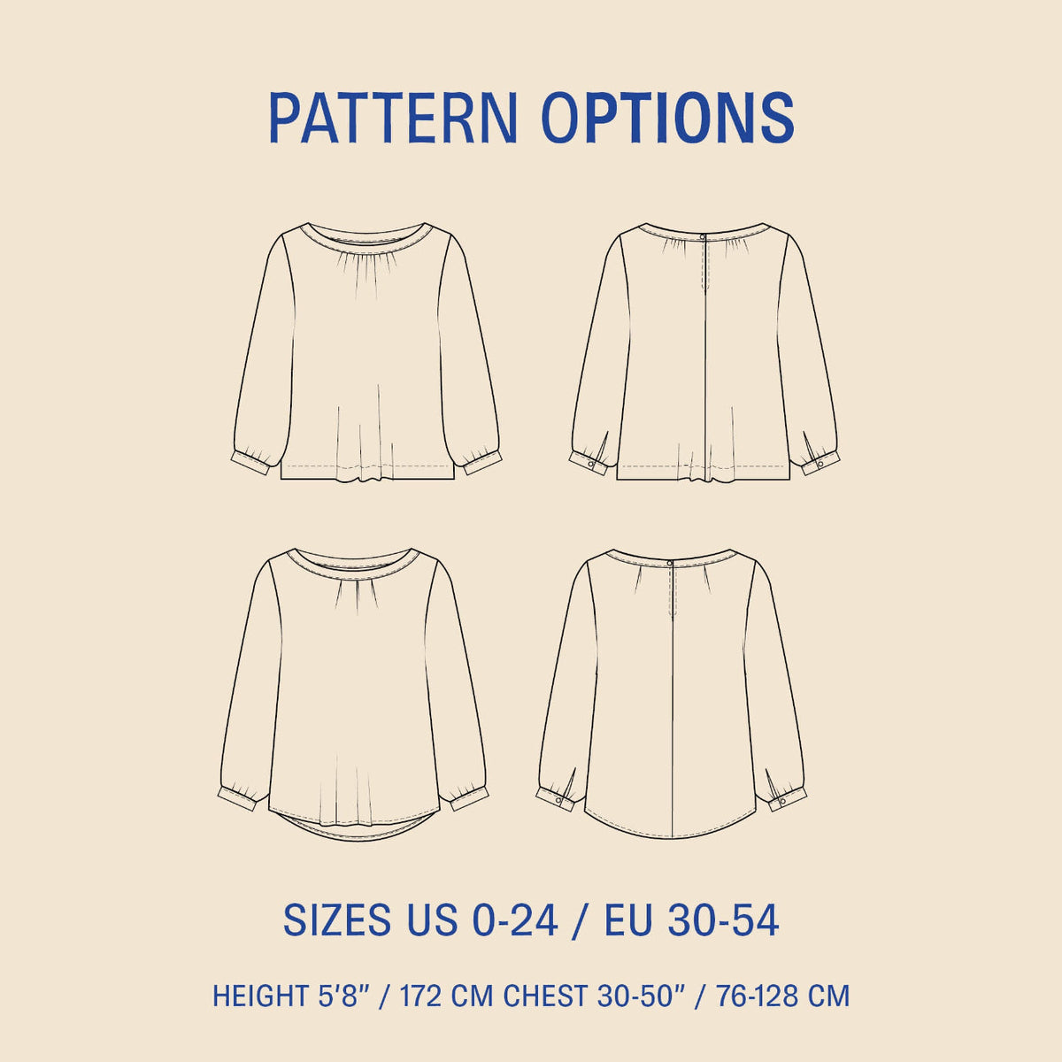 Sewing pattern diagram of a blouse with front, back, and side views on a beige background.