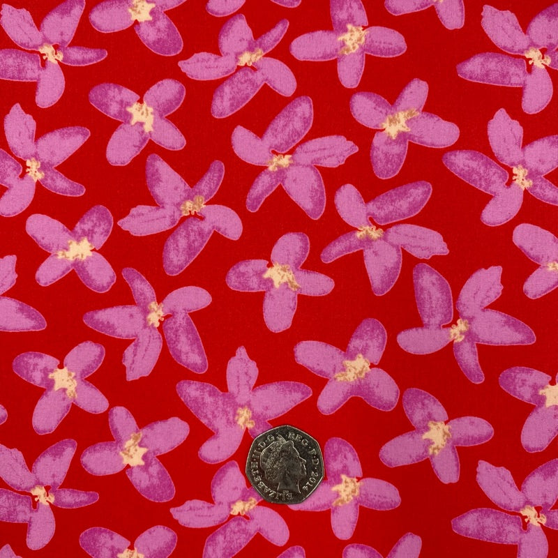 Red with pink simple flowers pima cotton lawn