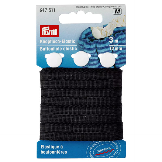 Buttonhole Elastic with 3 buttons 12 mm black