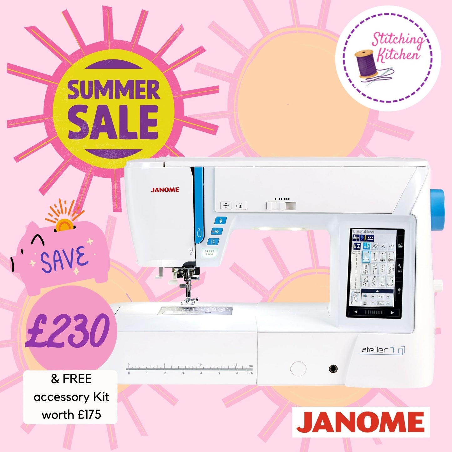 Janome Atelier 7 - Longer Arm Space Computerised Sewing Machine ***HOT Summer Offer Save £230 & Free Accessory Kit ***