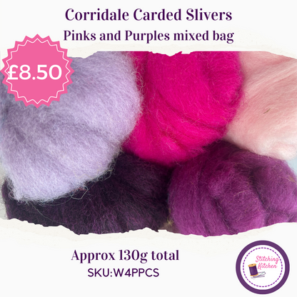 Corridale Carded Sliver Pinks and Purples approx 140g