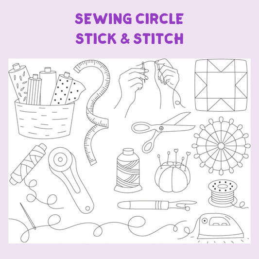 Sewing Circle themed stick and stitch designs