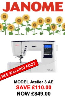 Janome Atelier 3 - Longer Arm Space Computerised Sewing Machine ***JUNE OFFER save £110 + Free Open Toe Walking Foot ***