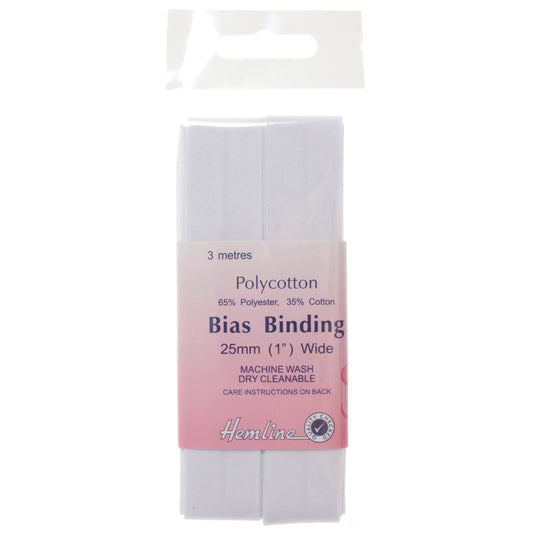 White Polycotton Bias Binding 2.5m x 25mm
