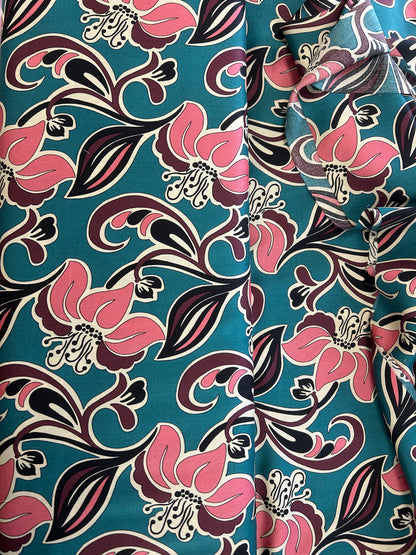 Floral teal coral printed Viscose Sateen Fabric