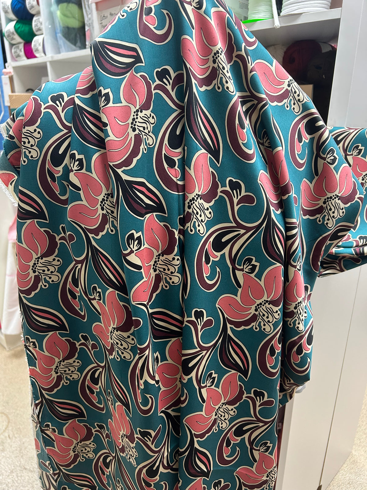 Floral teal coral printed Viscose Sateen Fabric