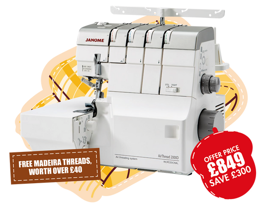 Janome AT2000D Air Thread Overlocker with 2, 3 or 4 thread overlock and rolled hem ***Special Purchase - Save £300 and Free Maderia Threads worth £40+***