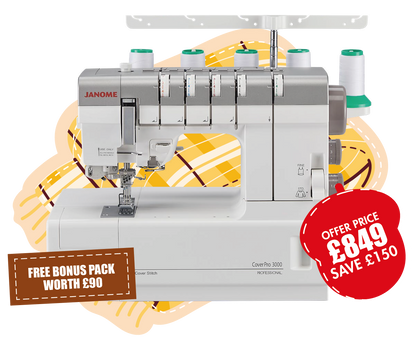 Janome Cover Pro CP3000 Coverlock Machine - Heavy duty with built in needle threader ***Special Purchase - Save £150 and Bonus pack worth £90+***
