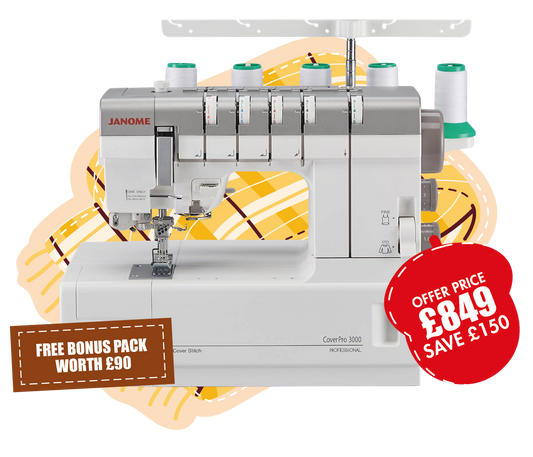 Janome Cover Pro CP3000 Coverlock Machine - Heavy duty with built in needle threader ***Special Purchase - Save £150 and Bonus pack worth £90+***