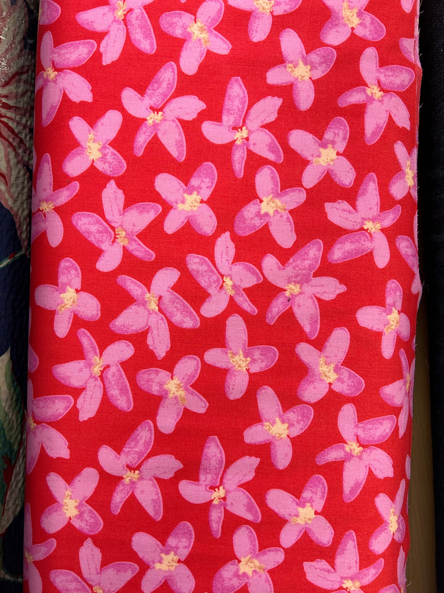 Red with pink simple flowers pima cotton lawn