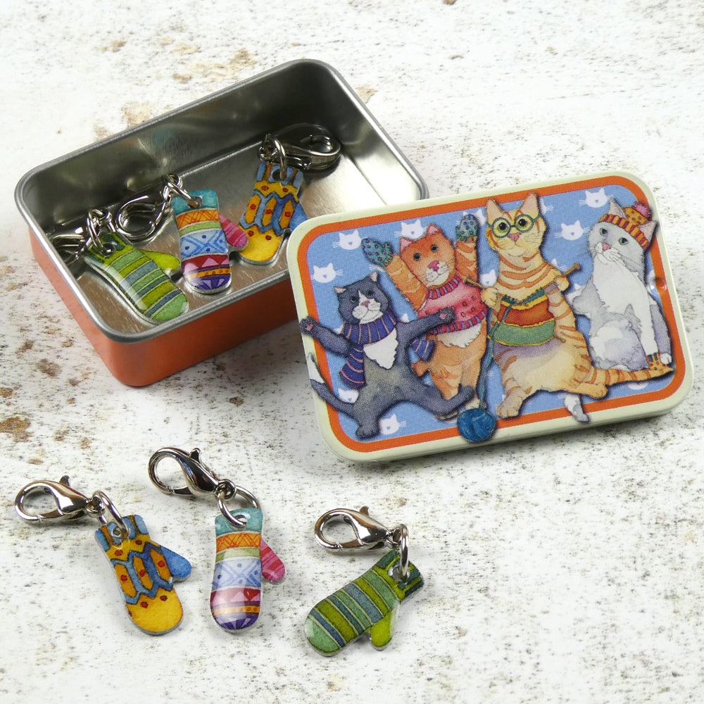 Mittens Crochet Markers in a Kitten pocket tin