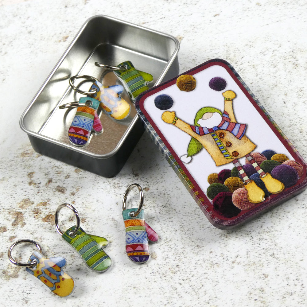 Mittens Stitch Markers in a Gnome pocket tin