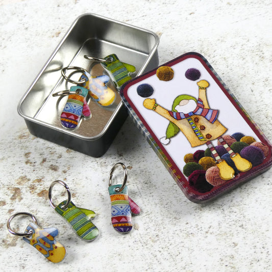 Mittens Stitch Markers in a Gnome pocket tin
