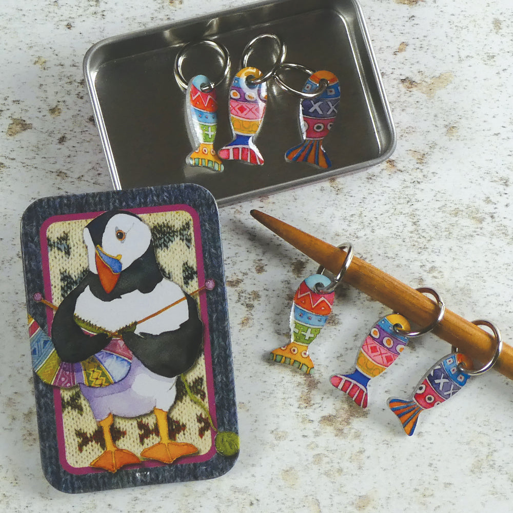 Fish Stitch Markers in a pocket tin