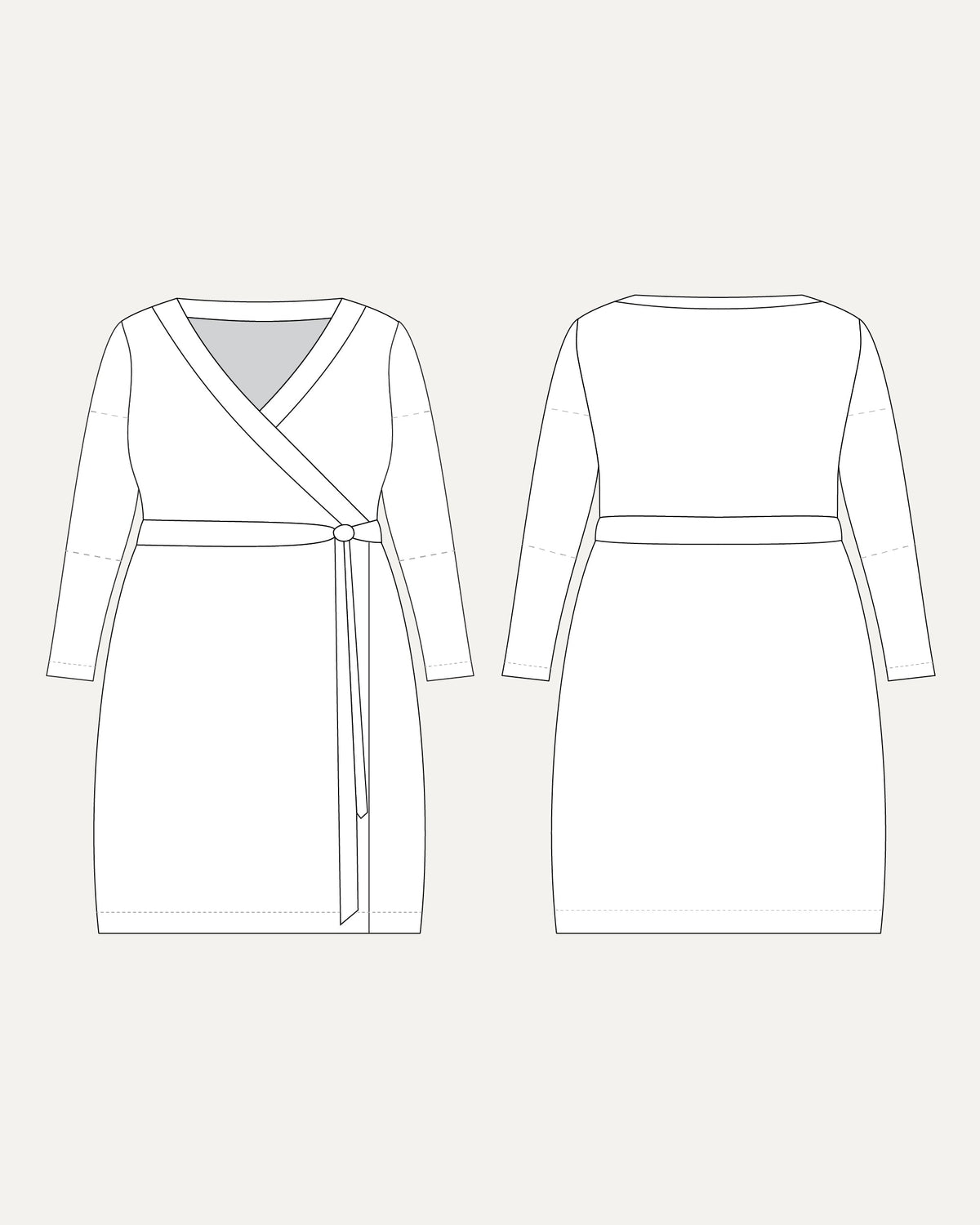 Line drawing of a wrap dress from front and back views on a white background. This dress is the Appleton Wrap Dress sewing pattern from Cashmerette.