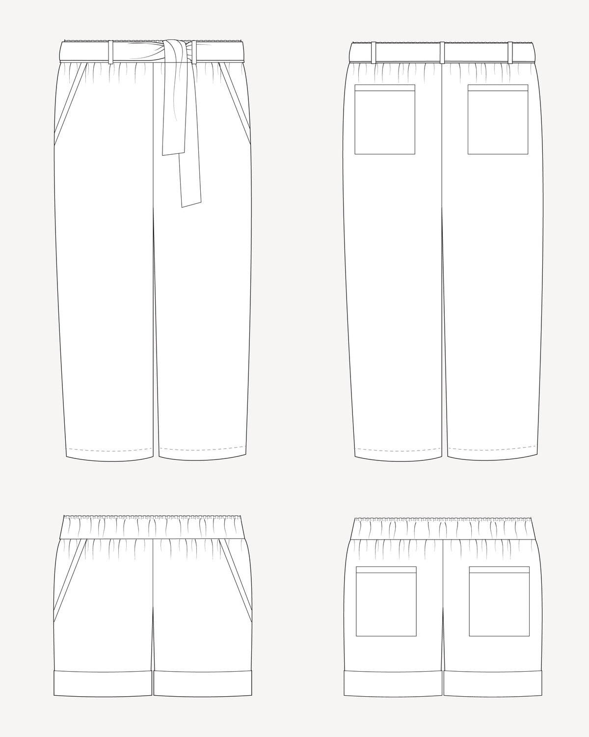 Line drawing of a pair of pants with a belt and front pockets on a white background. These pants are the Everett Pants & Shorts sewing pattern from Cashmerette.