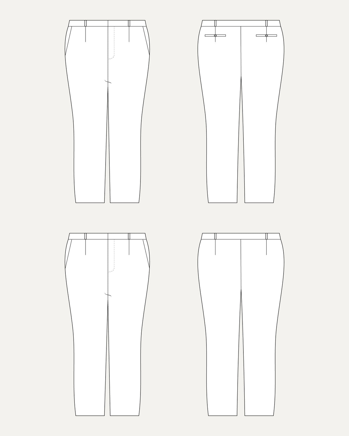 Technical drawing of a pair of pants from multiple angles on a white background. These pants are the Meriam Trousers sewing pattern from Cashmerette.